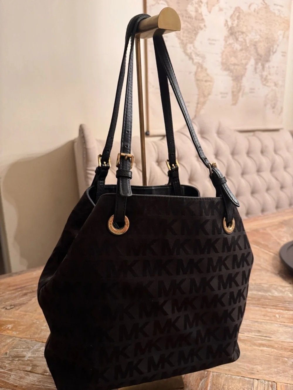 Michael Kors Black Logo-Print Shoulder Bag with Gold Hardware
